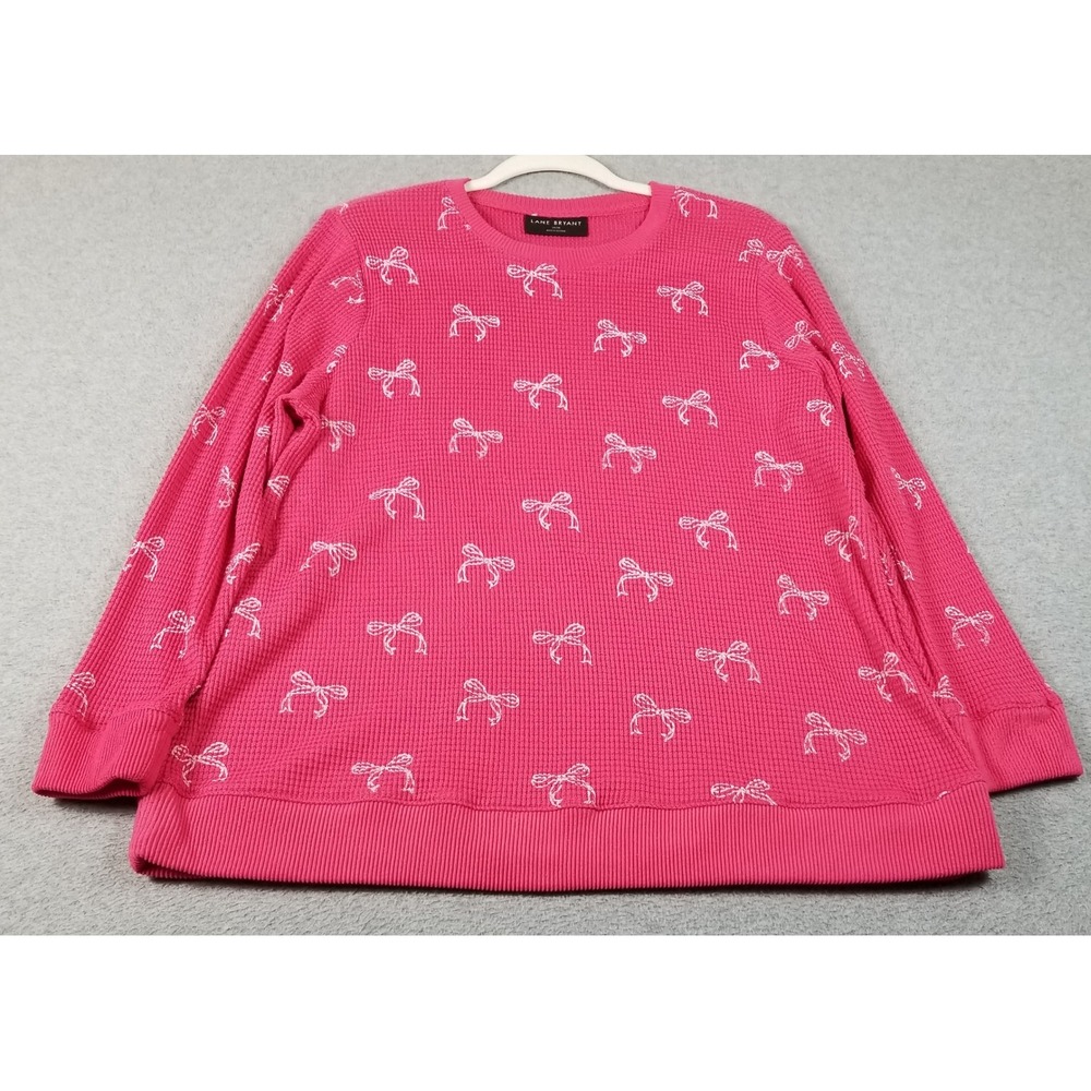 Lane Bryant Top Women's 14 16 Pink White Bow Print Waffle Knit Long Sleeve Cute